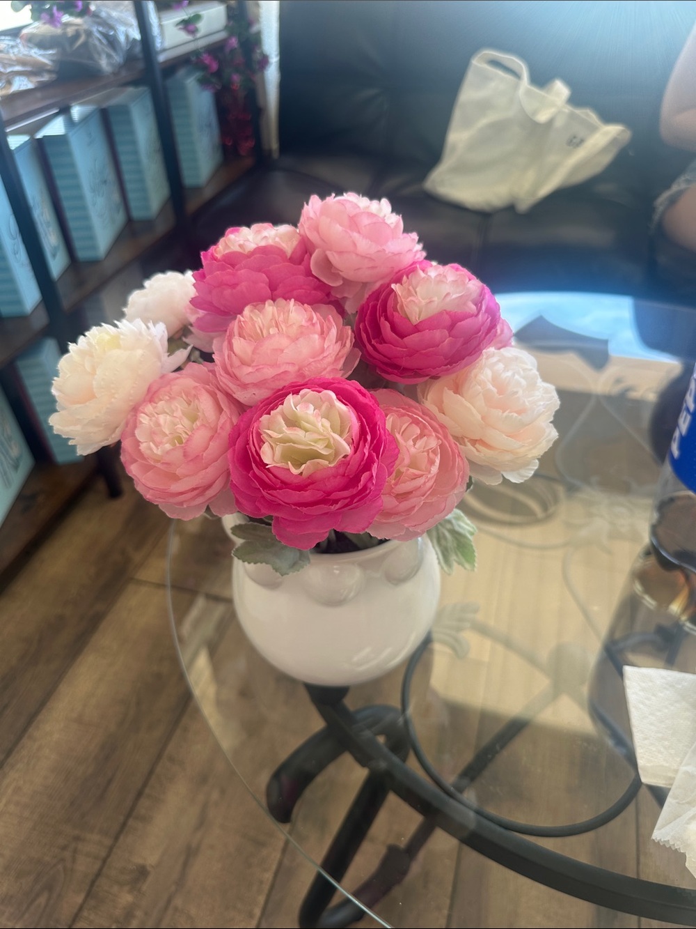 Pink and Cream Artificial Ranunculus Bouquet in White Vase - Home Accents